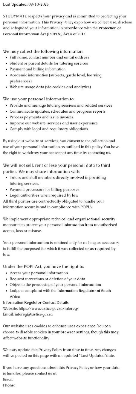 Privacy policy as supplied from the existing StudyMate website