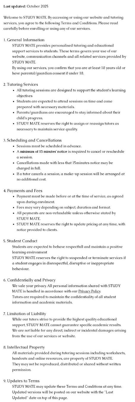 Terms & conditions as supplied from the existing StudyMate website