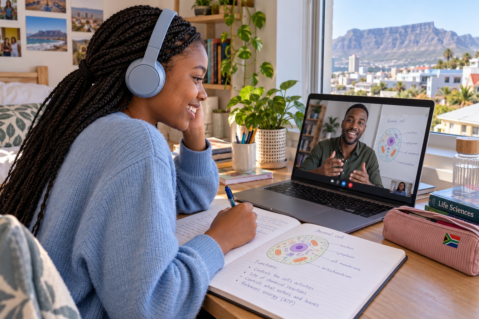 Illustrative South African learner in a webcam Life Sciences lesson