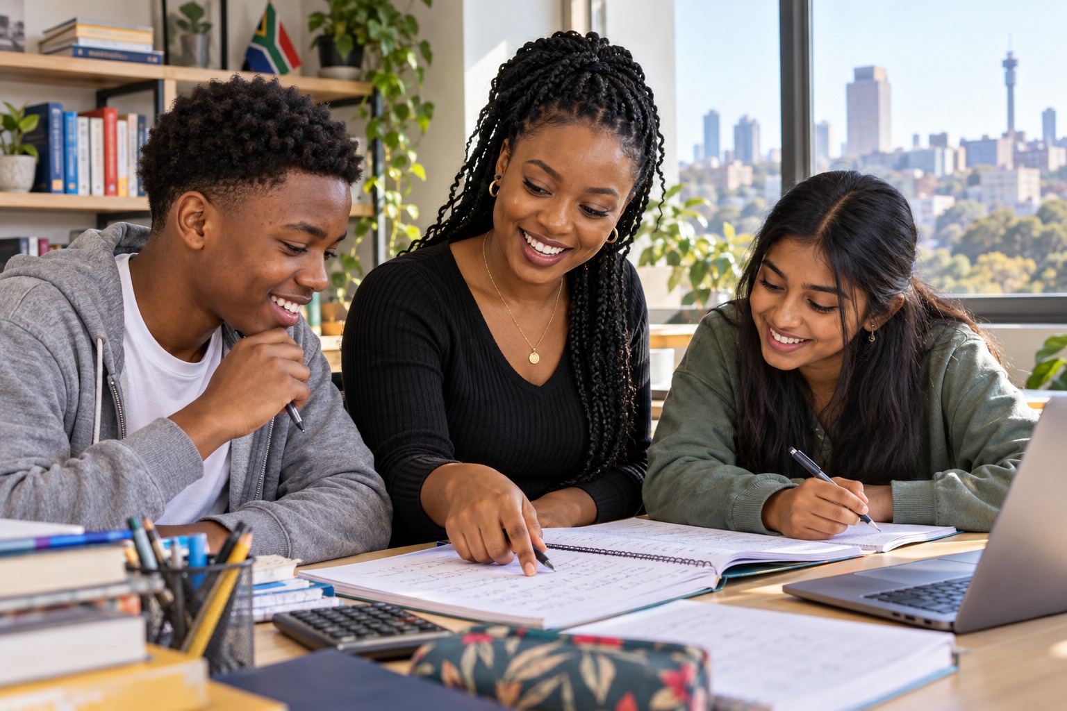 Illustrative South African students and tutor learning together