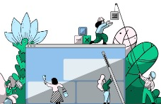 Original StudyMate illustration of people connecting and learning around a computer